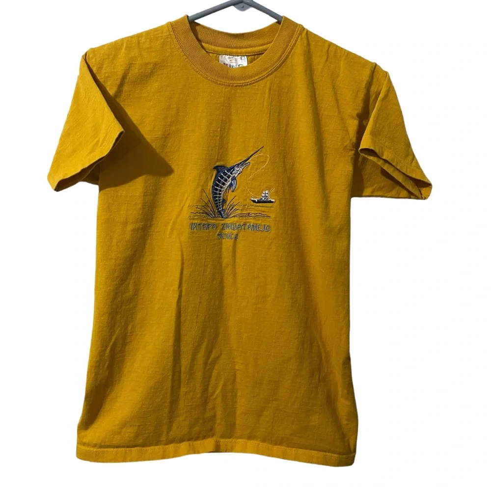 King Shirt Boys XL Yellow Mexico Stitched Embroidered Lightweight Casual Tee‎